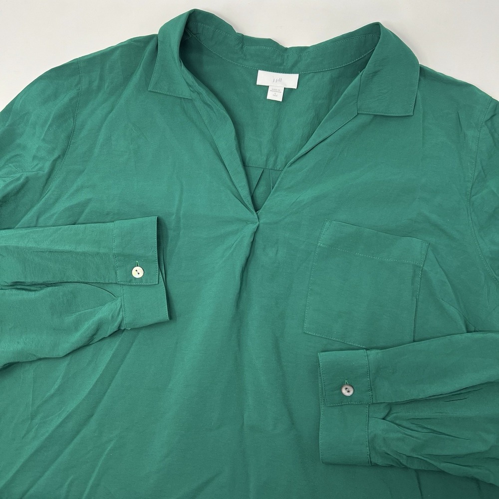 J. Jill Hunter Green‎ Split V Neck Roll Tab Blouse Tunic Large Tall